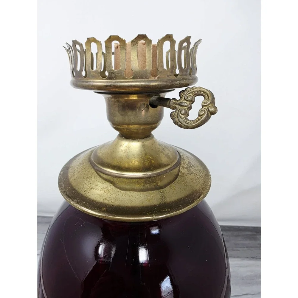 Vtg Ruby Red Cranberry Glass‎ Table Lamp w/ Brass Details 14